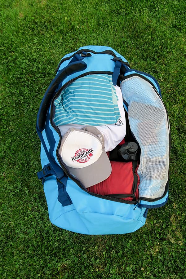 light blue waterproof bag opened