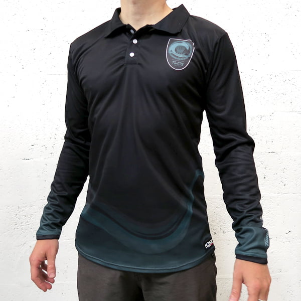 torso of man wearing a black long sleved polo shirt